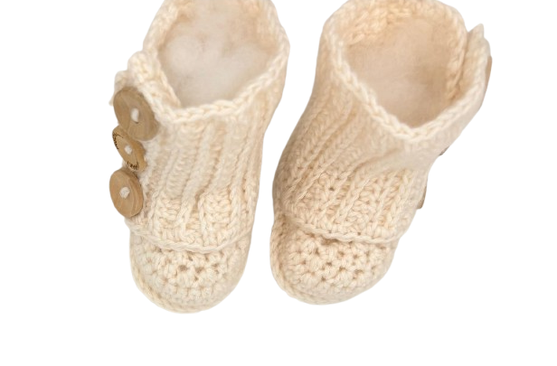 Ingehaakt baby laarsjes beige bovenaanzicht